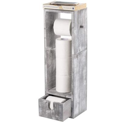 China Freestanding Rustic Whitewash Wooden Toilet Paper Roll Holder Modern Bathroom Accessory for sale