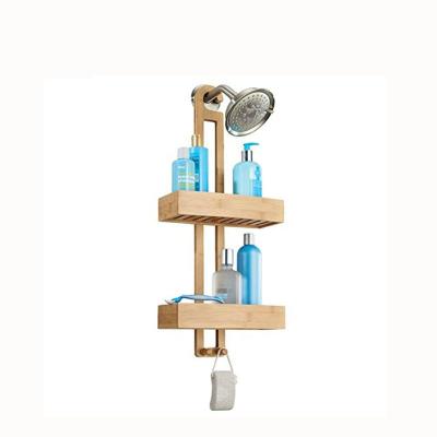 China Modern 100% Natural Wood Simply Hang Bamboo Shower Caddy With Modern Wholesale Bathroom 2 Tier Baskets for sale