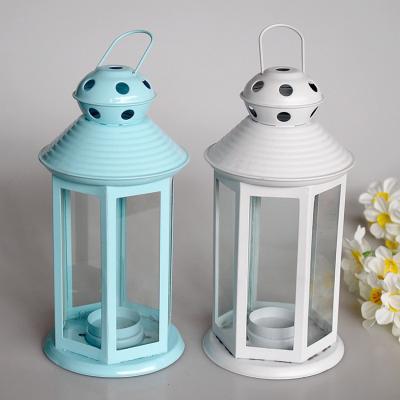 China Garden Home Decor Weddings Wedding Decoration Blue and White Metal Candle Glass Lantern for sale