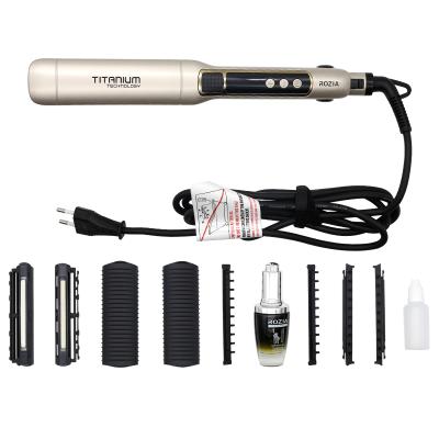 China 360Â ° Swivel Cord Rozia 4 in 1 Ceramic Flat Comb LED Hair Curling Iron and Curler Argan Oil Hair Styler Hair Straightener Removable with Oil for sale