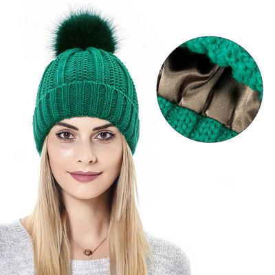 China Acrylic Hat Eco-friendly Knitted Silk Satin Striping Winter Beanie Woven Hat For Women Chemotherapy Hat for sale