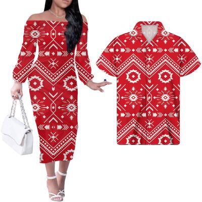 China Anti-Static Comfy Dress Couple Red Even Polynesian Apparel Women Custom Made Dresses With Hibiscus Print Drop Dresses For Women for sale