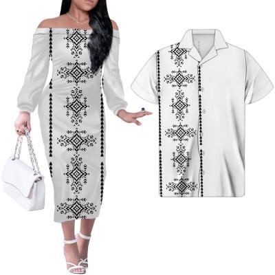 China 2021 Anti-Static Comfortable Dress Couple Polynesian Clothing Women's Same White Dress With Hibiscus Print Women's Drop Dress for sale