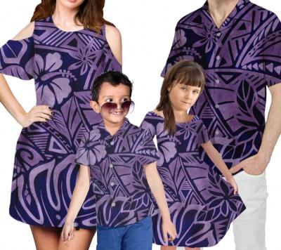 China 2021 Anti-Static New Family Clothing Set Polynesian Printing 4Pcs Set Mom/Daughter Dress With Shorts Sleeve Match Dad/Son Shirts for sale