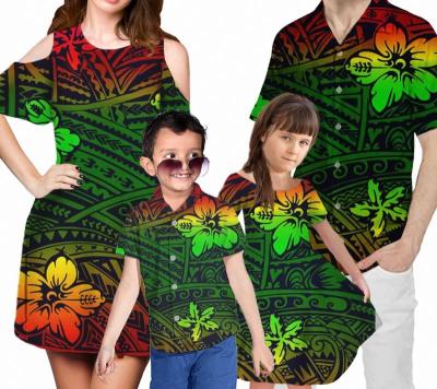 China Anti-Static 4Pcs Custom Set Mom/Daughter Dress With Shorts Sleeve Match Dad/Son Shirts Family Clothing Set Polynesian Print for sale