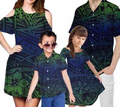 China Custom Polynesian Anti-Static Print Family Clothing Set 4Pcs Set Women &Girls Club Dress With Shorts Sleeve Match Men&Boys Shirts for sale