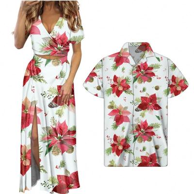 China Breathable Island Couples Matching Clothes Christmas Poinsettia Print Pattern Women Summer Dress And Men Shirt With Long Slit for sale