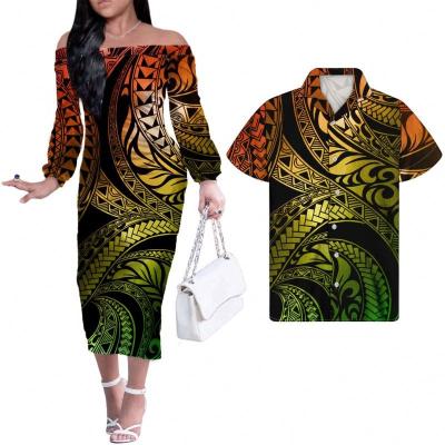 China Couples Clothing Anti-Static Luxury Vintage Dresses Women Samoa Army Green Tribal Style With Hibiscus Floral Dress Women Long Sleeve for sale