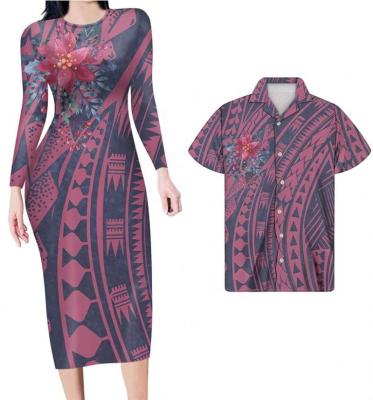 China Breathable 2020 Couple Clothing Set Green Turtle Plumeria Tribal Print Polynesian Women Dress Long With Short Sleeve Match Men Shirts for sale