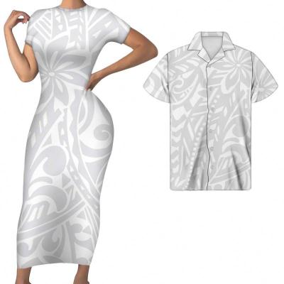 China 2020 Original Breathable Purple Tribal Polynesian Print 2pcs Set Short Sleeve Bodycon Long Dress Match Shirts Couples Summer Clothing for sale