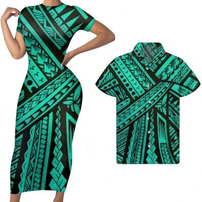 China Breathable Couples Dress Original Polynesian Tribal Printing Green Short Sleeve Bodycon Dress Match Men Long Shirts 2020 Fashionable for sale