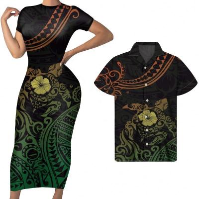 China Breathable Brown Green Gradient Style African Couples Clothing Trendy Polynesian Tribal Turtle Hibiscus Printing Couples Clothing Short for sale