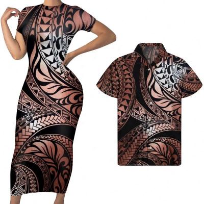 China Original Polynesian Tribal Polynesian Print Couples Dress And Shirt Women Breathable Bodycon Dress Long With Short Sleeve Match Men Shirts Summer for sale