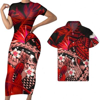 China Anti-Static Couples Sets Clothing Red Plumeria Pineapple Polynesian Tribal Print Custom Womens Party Long Dress Match Men Shirts 2021new for sale