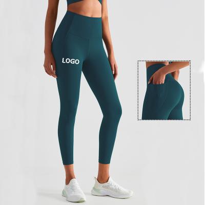 China Breathable Logo Workout Yoga Pants Women Custom Anti-Slip High Waist Pockets Stretchy Gym Sports Fitness Gaiters Butt Running Tights for sale