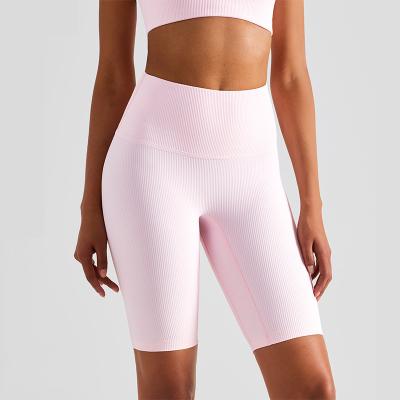 China Women Breathable Stretch Ribbed Fabric High Waist Yoga Shorts No Front Seams Gym Fitness Shorts Running Sportswear Leggings Custom for sale