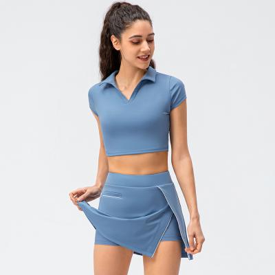 China RIMS Wholesale Women Sports Tennis Wear Two Piece Set Yoga Set Lapel Tennis Crop Top Running Skirt Golf Suit Female Gym Custom Made for sale