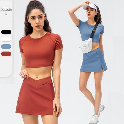 China RIMS Wholesale Women Sports Tennis Wear Two Piece Fitness Set Sexy Short Sleeve Crop Top Female Workout Suit for sale