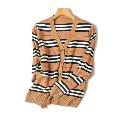 China custom Anti-wrinkle women cardigan fashion sheath long straight v-neck black white women stripe sweater for sale