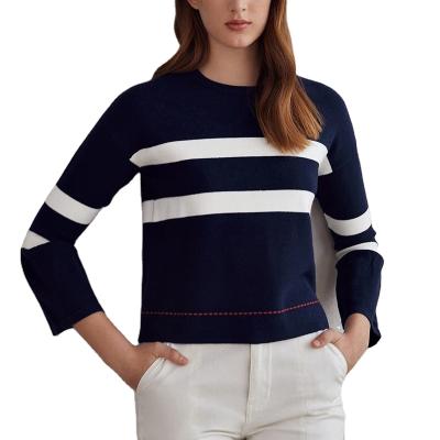 China Latest Anti-Wrinkle Custom Women Fashion Long Sleeve White Stripe O-Neck Ruffle Sleeve Premium Sweater for sale