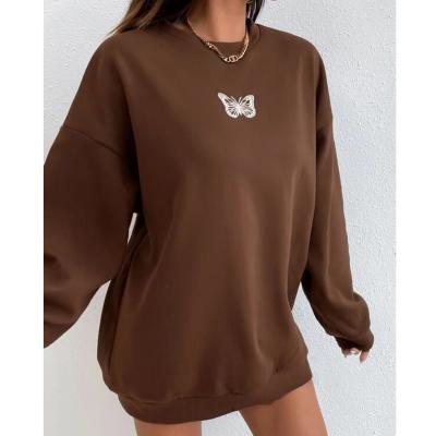 China Anti-wrinkle China Factory Fleece Fabric Drop Shoulder Custom Brown Butterfly Embroidered Pullover Women's Sweatshirt for sale