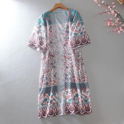 China Women's Ethnic Retro Loose Shirt Sunscreen Shirt Cap Style Anti-pilling Long Chiffon Floral Printing Shirt Custom Medium Small for sale