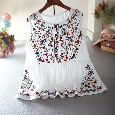 China Vintage Baby Shirt Women's Slim A-Line Floral Loose Embroidery Anti-pilling Sleeveless Ruffles Vest Customized Floral Tops for sale