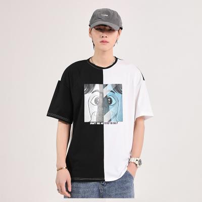 China Custom Unisex Split Oversized T-shirt Anti-Wrinkle Equal Dose Contrast Tee Two Tone Color Block With Logo for sale