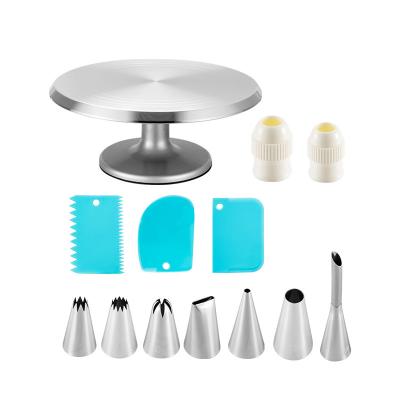 China Large Sustainable Stock Good Quality 15 PCS Cake Decorating Tools Set With Aluminum Cake Turntable for sale