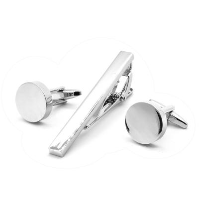 China Fashionable Empty Cufflinks Hotsale Silver Color Round Pin Plain Metal Tie Bar Mens Suit Shirt Cufflinks and Tie Bar Formal Gift Set link for sale