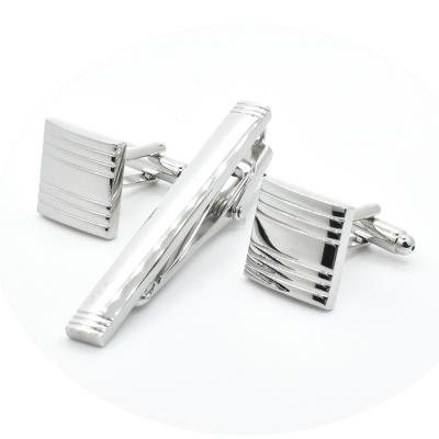 China Custom Fashionable Mens Cufflinks and Tie Pin Square Strips Blanks Cufflinks Silver Plated Simple Metal Cufflinks and Link Clip Set for sale