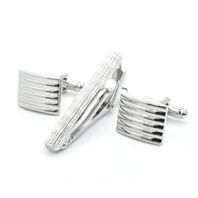 China Fashionable Custom Men's Cufflinks And Tie Pin Strips Pattern Texture Cufflinks Silver Plated Simple Metal Cufflinks And Link Clip Set for sale