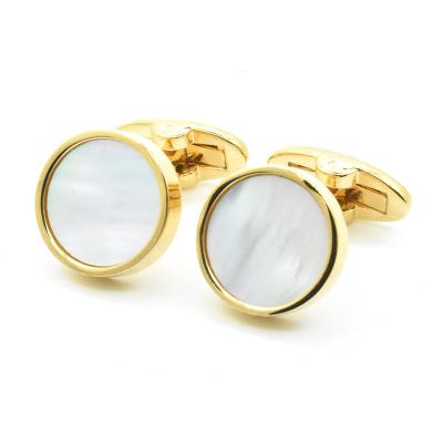 China Cooper Brass Hot Sale Gold Plated Copper Brass Cufflinks Round White Shell Mother Of Pearl Mens Shirt Business Wedding Jewelry Natural BROOM for sale