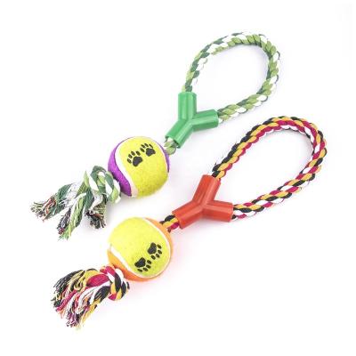 China New Design Sustainable High Quality 13 Inch Natural Rubber Chew Toy Pet Rope Dog Toy With Tennis Ball for sale