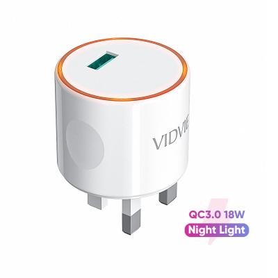 China UniversalÂ   VIDVIE Retail Packaged Round USB-A QC3.0 18W Single Wall Charger with LED Light for sale