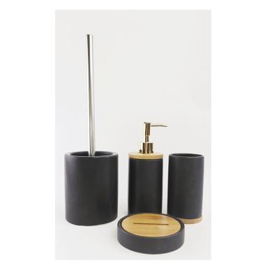 China Ceramic Ceramic Bathroom Sets With Bamboo Decoration Matte Black Color Toilet Brush Holder Liquid Soap Dispenser Tumbler Soap Dish for sale