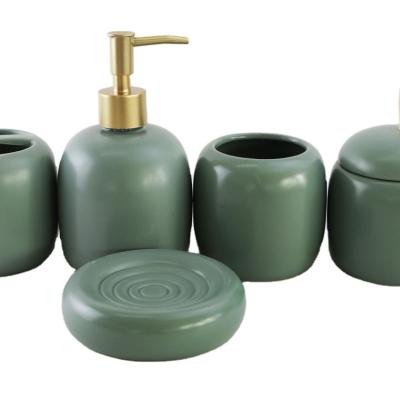 China Ceramic S5 Bathroom Sets Matte Green Color With Cotton Box Soap Dispenser Tumbler Soap Dish Toothbrush Holder for sale