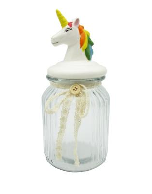 China Clear Cover Glass Storage Canister Jar With Cover Ceramic Unicorn For Kitchen for sale