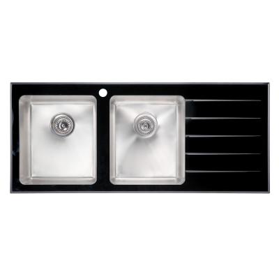 China Without Faucet 304 Double Bowl Tempered Glass Kitchen Sink Black for sale