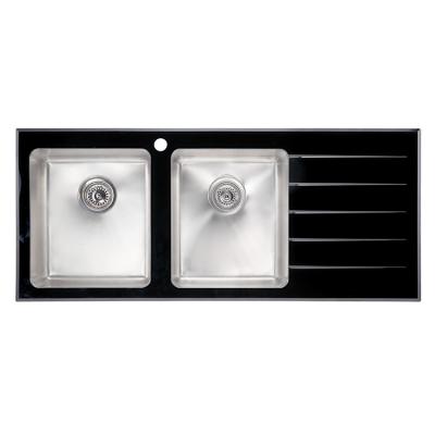 China Hot Sale Modern Black Tempered Glass Double Sink Modern Stainless Kitchen for sale