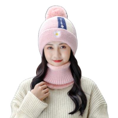 China Same As Pictures 2021 Women Winter Hat Scarf Set Outdoor Daisy Knitted Beanie Hat And Soft Warm Scarf Set for sale