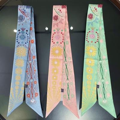 China 2021 pattern printing flower spring printed polyester hair scarf imitated silk designer skinny handle bag scarves for sale