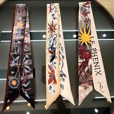 China Printing patterns flowers and plants painting long small narrow scarf bag wrist ribbon hair band hair scarves for sale