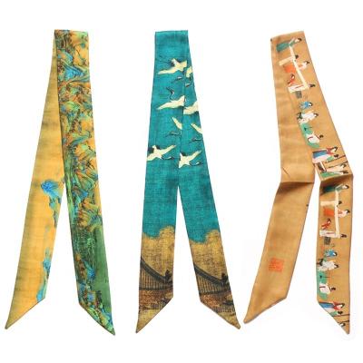 China 16 Pattern Chinese Style Imitation Silk Scarf Tie Wrap Handbag Ribbon Handle Twill Scarf Printing Pattern Printing Small Long for sale