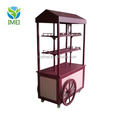 China Wooden Frame 2 Custom Red Wheels Three Tires Wooden Display Cart for sale