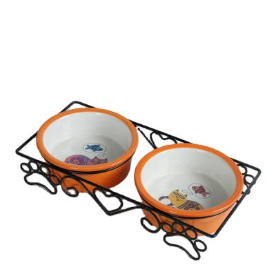 China Sustainable Ceramic Pet Bowl Sets White Custom Design Pet Cat Dog Feeding Water And Ceramic Food Bowl With Metal Stand for sale