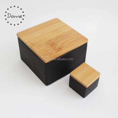 China Square Matte Black Porcelain Airtight Ceramic Sustainable Storage Jar Canister With Bamboo Lid for sale