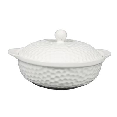 China Stocked Porcelain Stockware White Cheap Casserole Pot Embossed Ceramic Soup Pot With Lid for sale