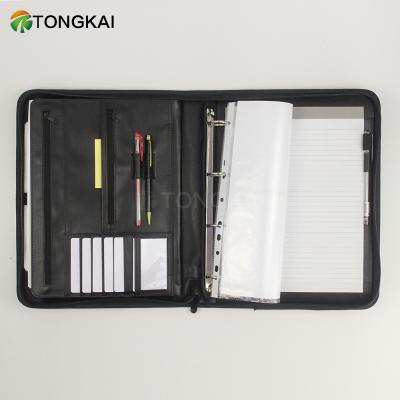 China Office Meeting Zipper Organizer Portfolio Notepad A4 Custom Leather Ring Binder Folder for sale