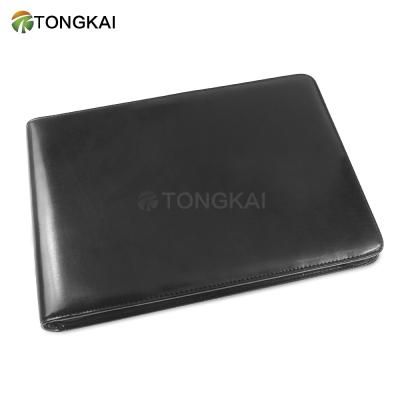 China Large Capacity Leather Folder Binding Check Book Leather Stand with Zipper and Card Holder for sale